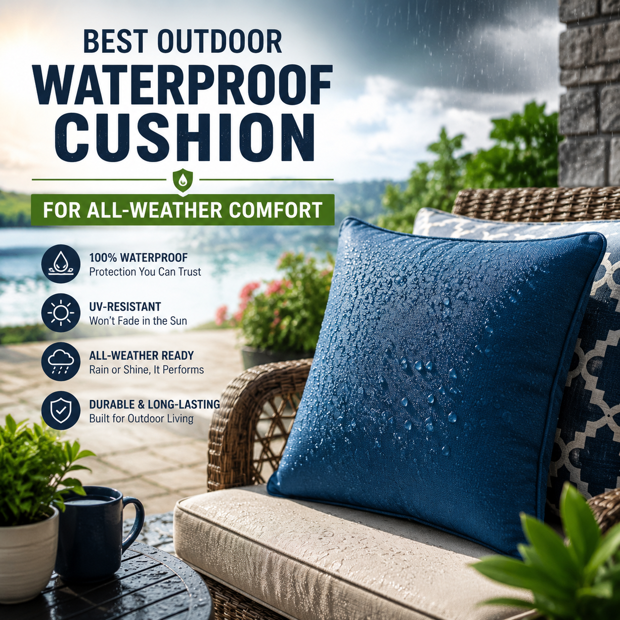 Waterproof outdoor cushion on patio chair, designed for all-weather comfort and UV resistance.