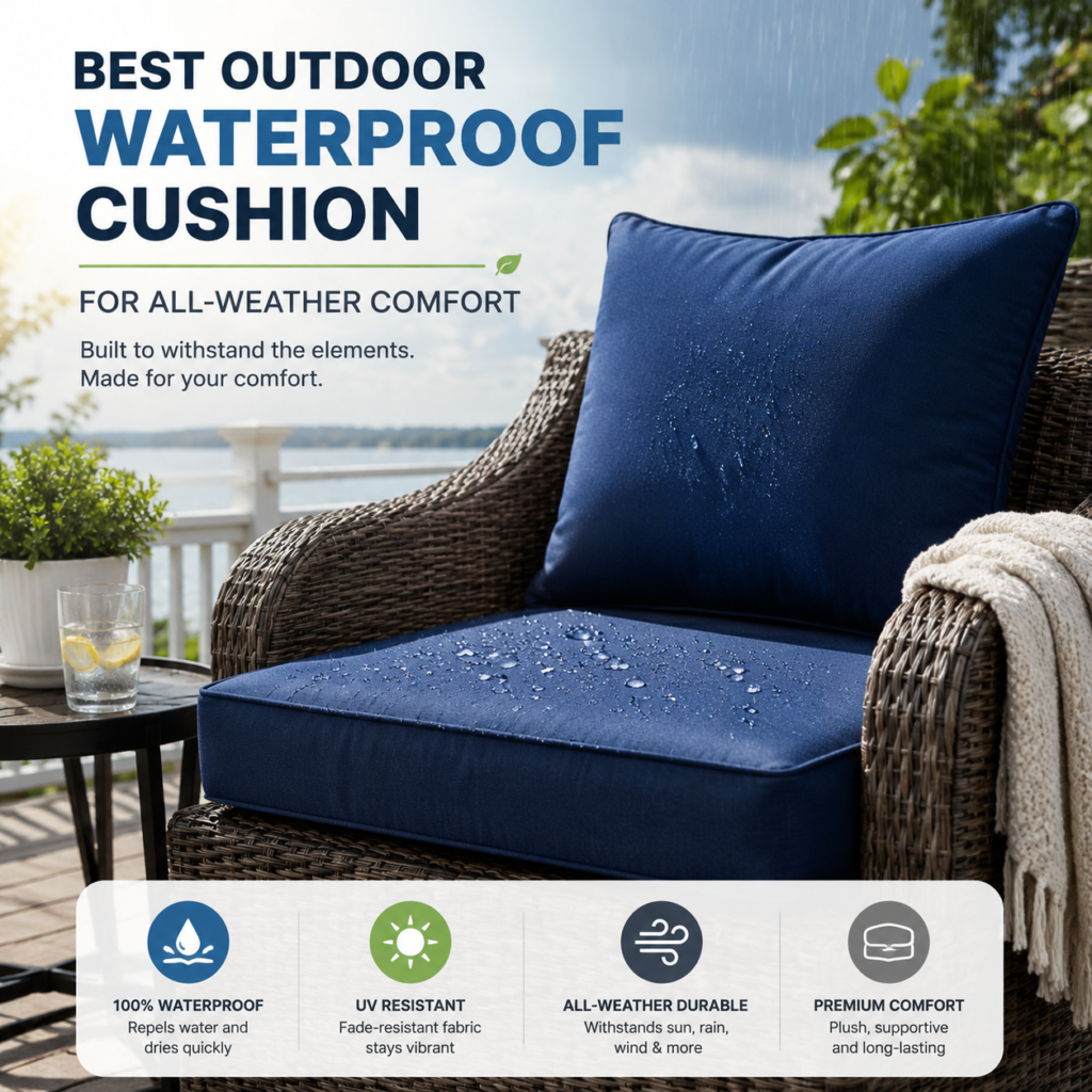 Waterproof outdoor cushion on a wicker chair for all-weather comfort and durability