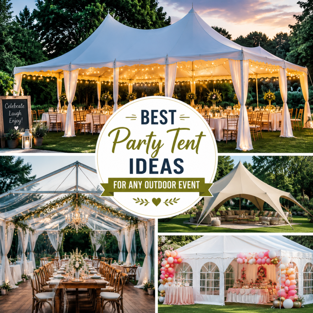 Collage of elegant outdoor party tents with string lights and floral decor for events