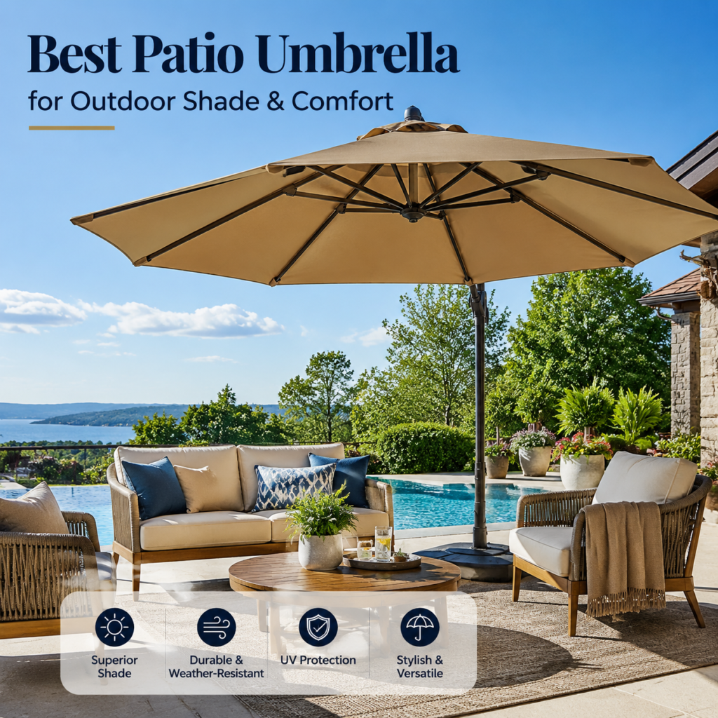 Stylish outdoor patio umbrella providing shade and UV protection for comfortable outdoor living