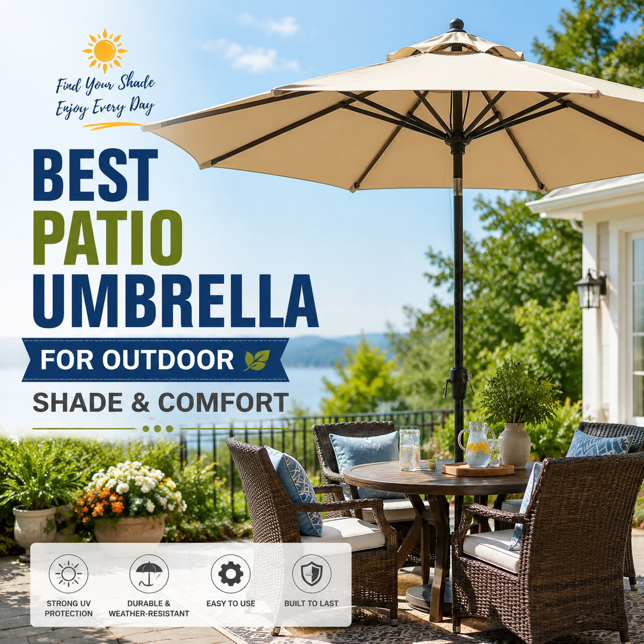 Outdoor patio umbrella providing shade and UV protection on a sunny patio