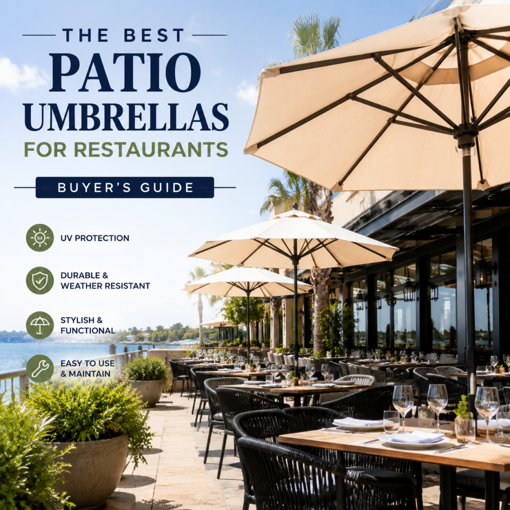 Outdoor restaurant patio with durable commercial umbrellas providing UV and weather protection