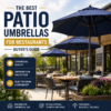 Outdoor restaurant patio with stylish blue commercial patio umbrellas providing shade and sun protection