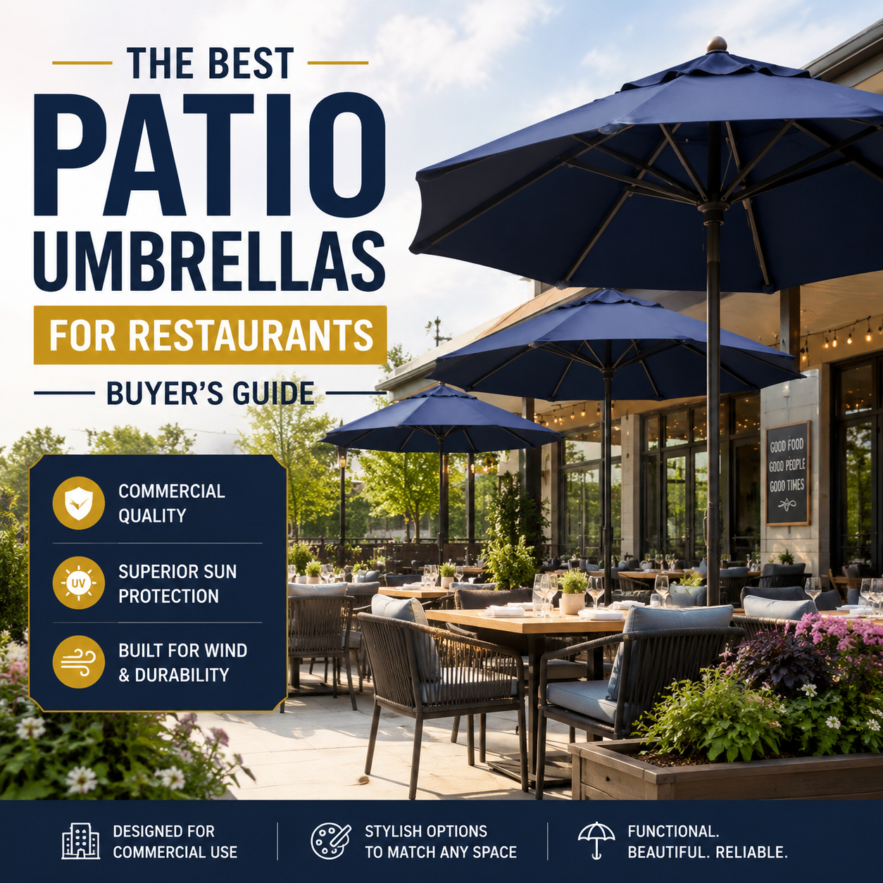 Outdoor restaurant patio with stylish blue commercial patio umbrellas providing shade and sun protection