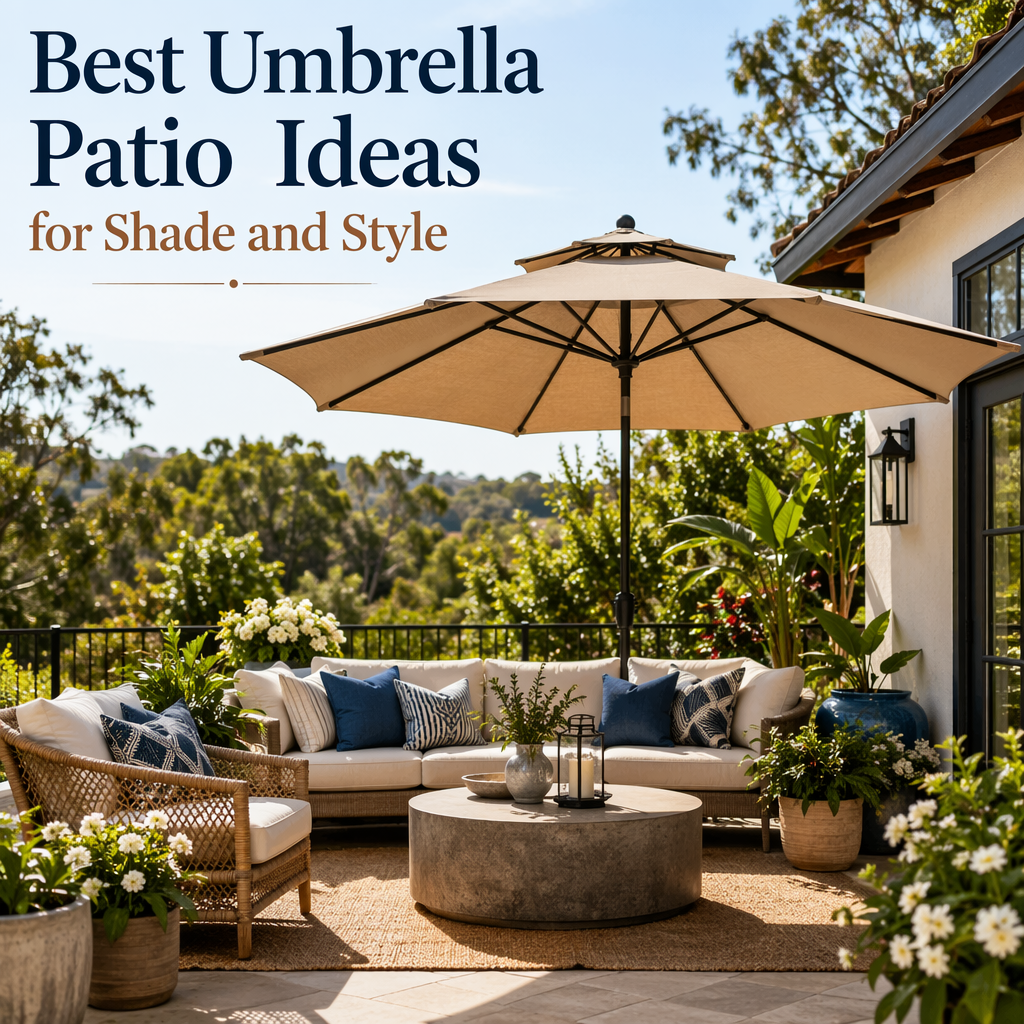 Stylish patio with a large patio umbrella shading comfortable outdoor seating