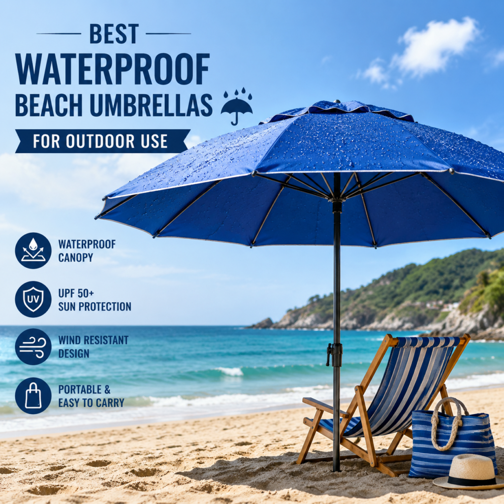Waterproof beach umbrella with UPF 50+ sun protection and wind-resistant design for outdoor use