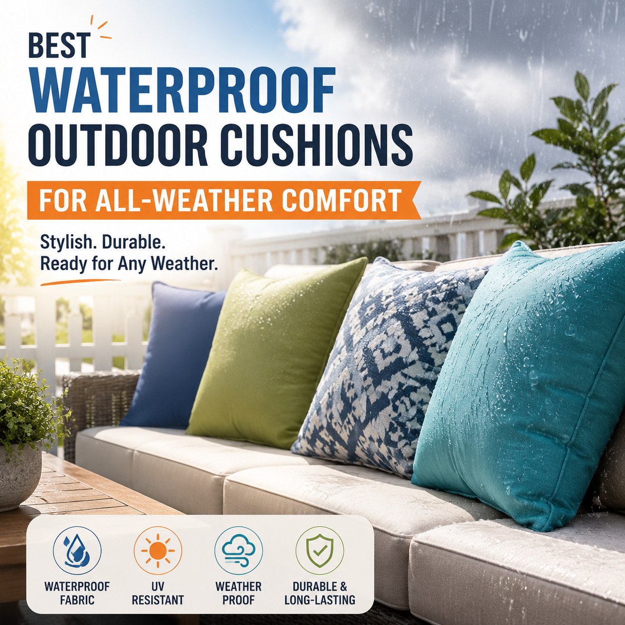 Stylish waterproof outdoor cushions for comfortable all-weather seating on a patio for outdoor use