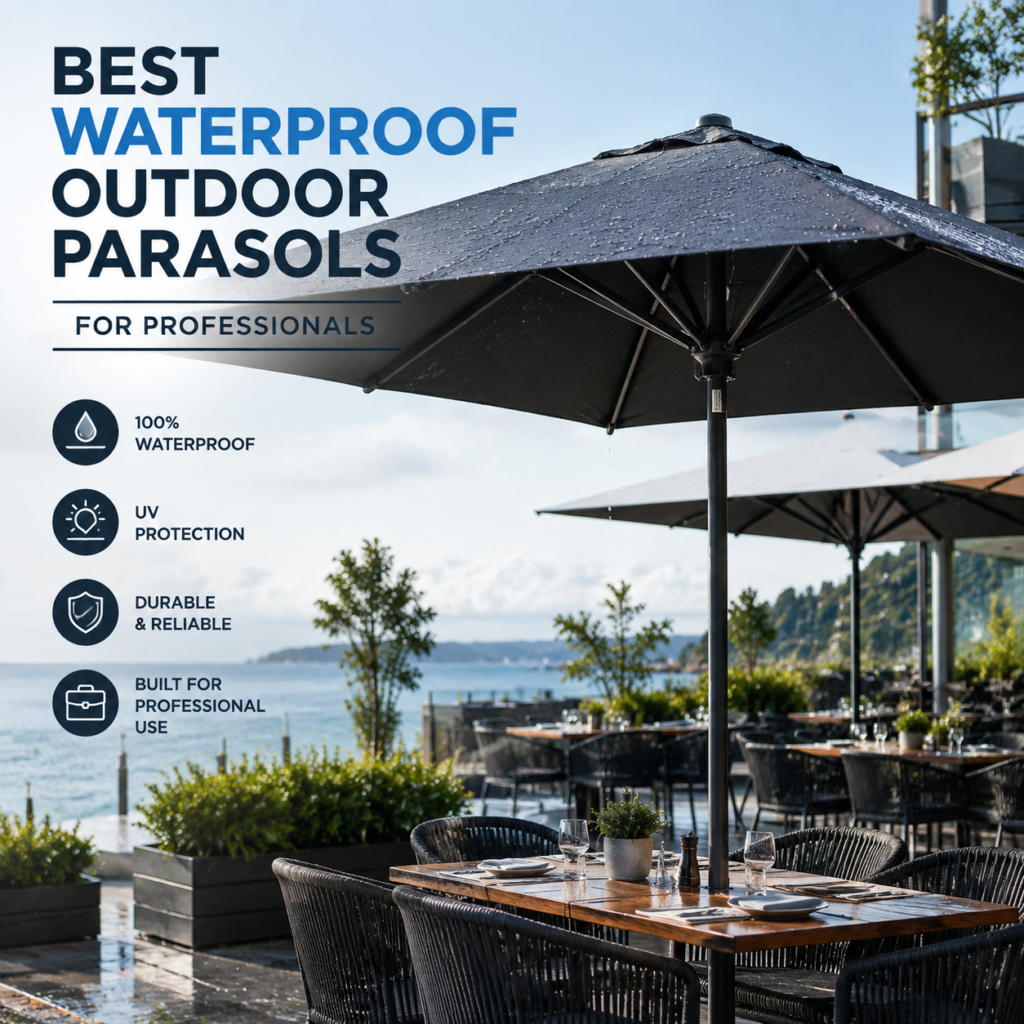 Waterproof outdoor parasol with UV protection, built for durable professional outdoor use