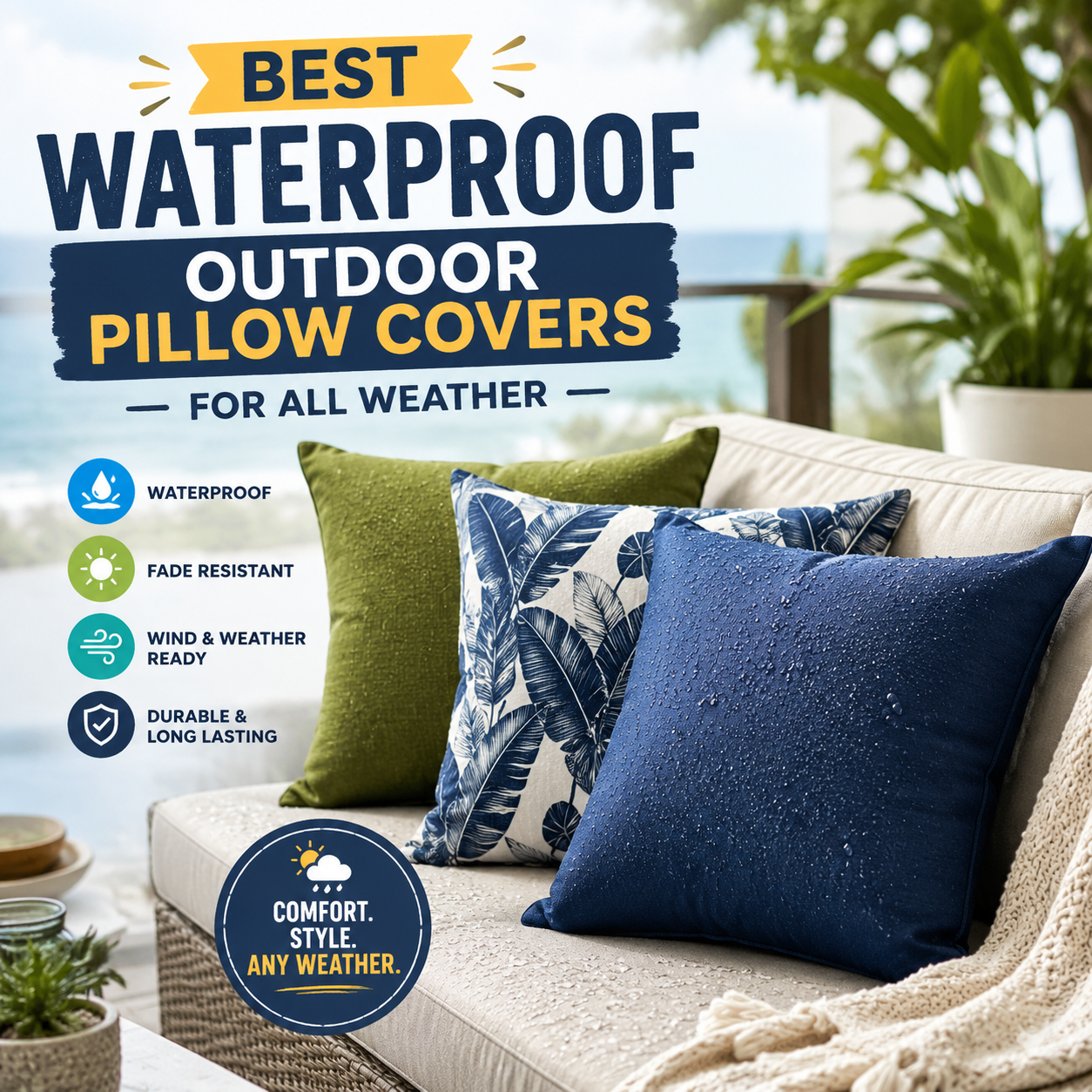 Waterproof outdoor pillow covers in assorted colors, showing fade resistance and durable all-weather protection