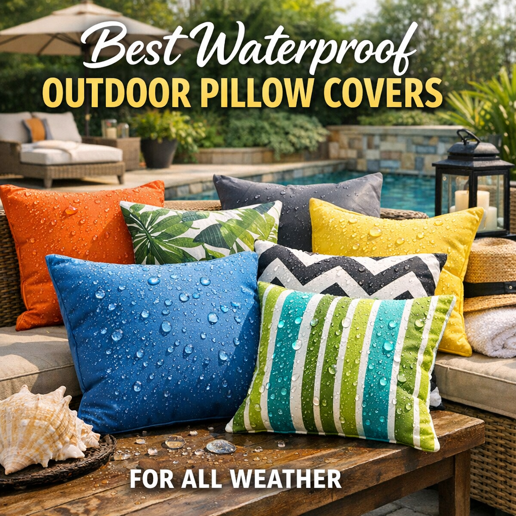 Colorful waterproof outdoor pillow covers on patio furniture beside a pool for all-weather use