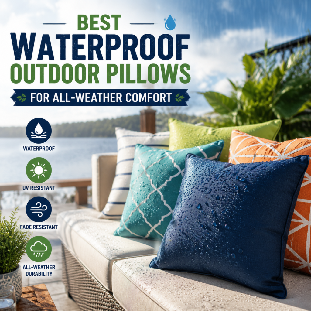 Waterproof outdoor pillows on patio chairs, designed for all-weather comfort with UV and fade resistance