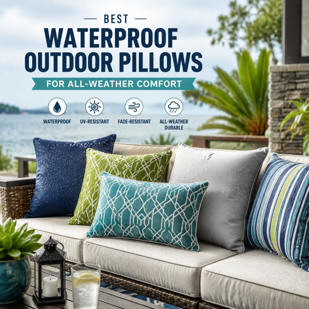 Waterproof outdoor pillows in a patio setting, highlighting UV, fade-resistant, durable all-weather comfort.