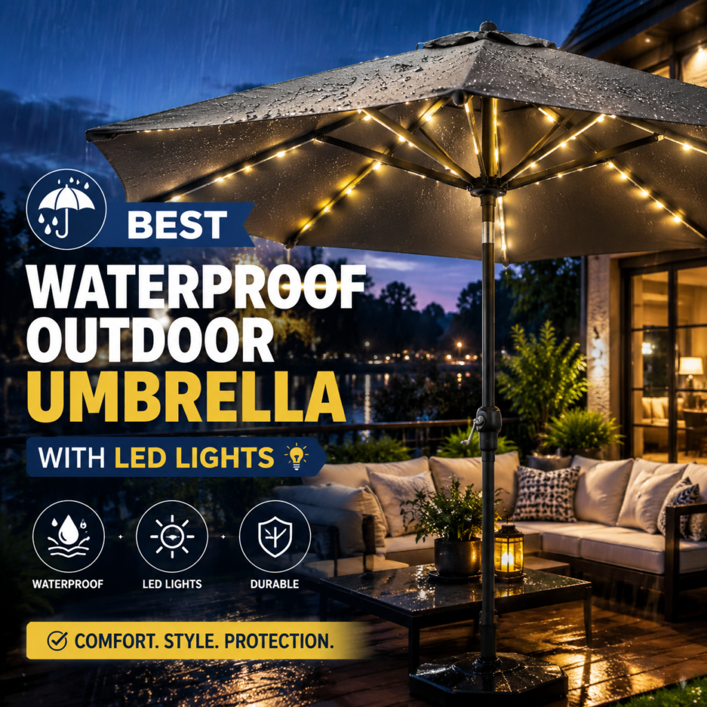 Waterproof outdoor umbrella with LED lights for stylish patio shade and rain protection
