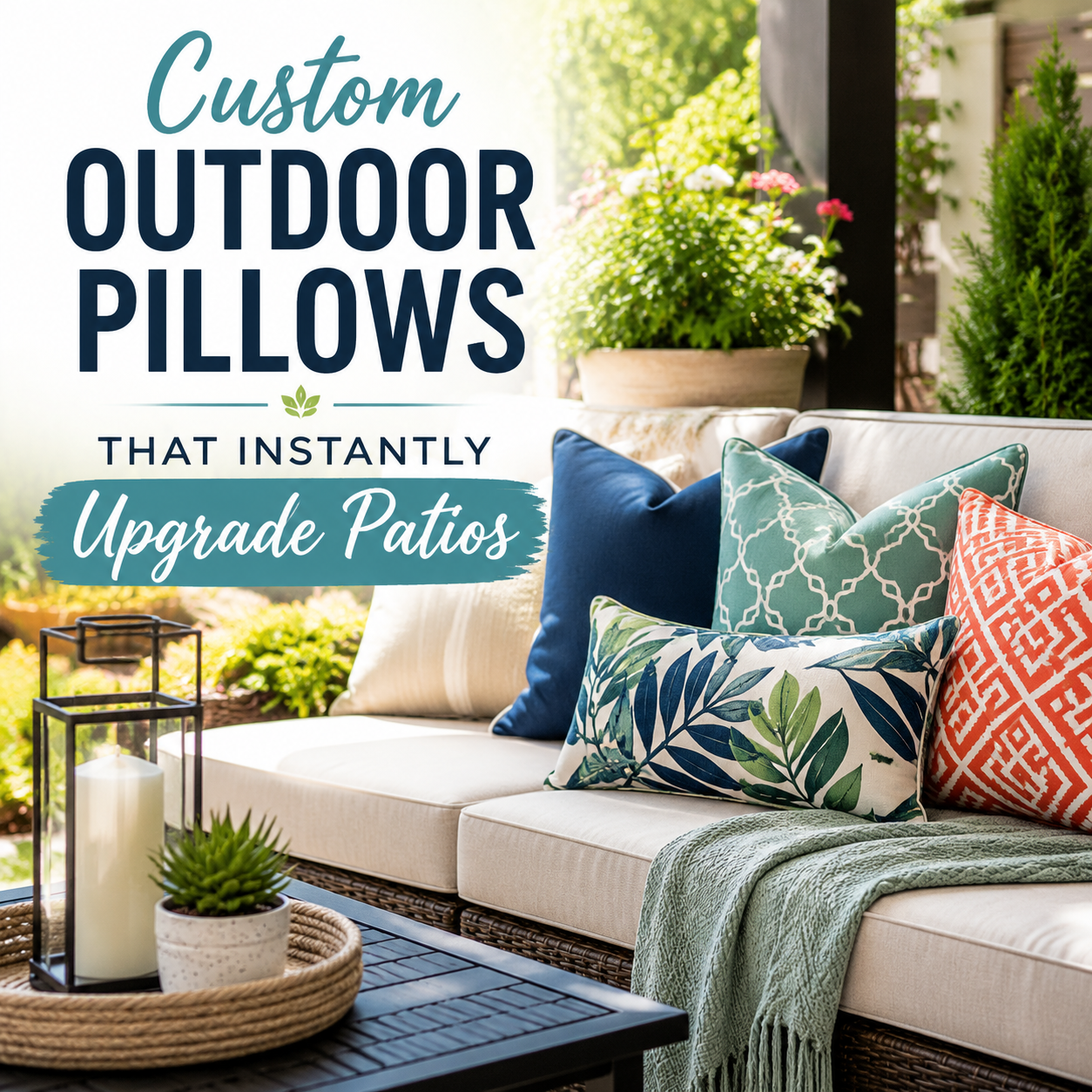 Custom outdoor pillows on a stylish patio sofa, adding color and comfort to an outdoor living space.
