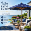 Custom patio umbrella shading an outdoor living space with a stylish, comfortable seating area