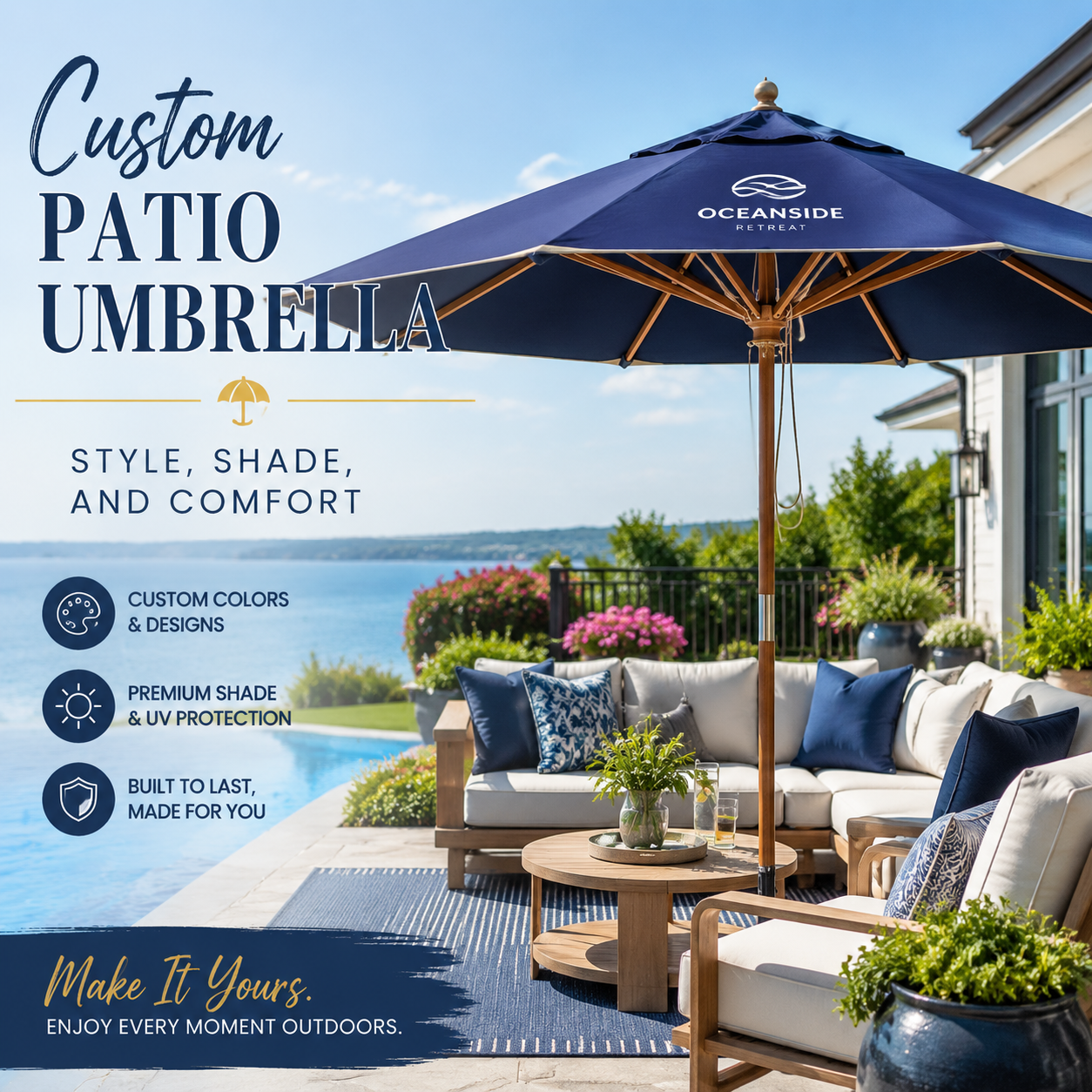 Custom patio umbrella shading an outdoor living space with a stylish, comfortable seating area