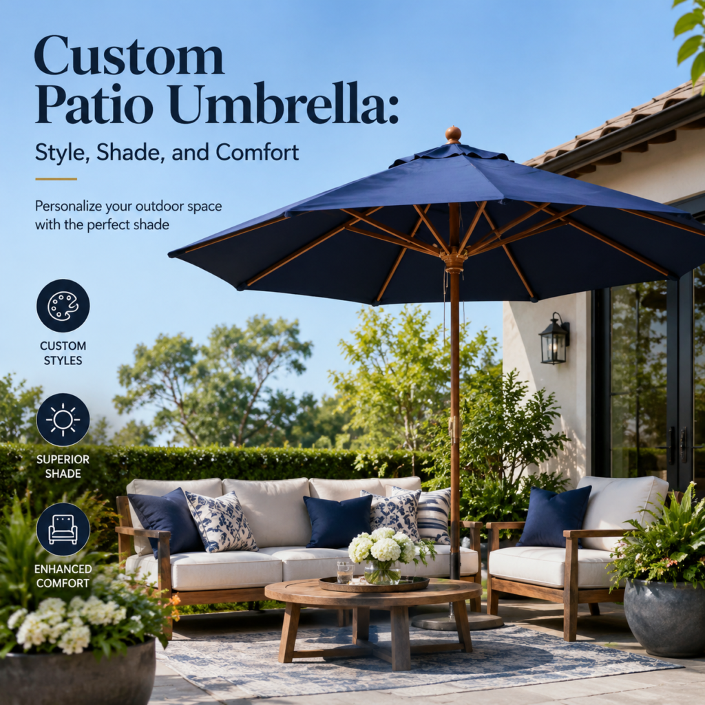 Custom patio umbrella shading an outdoor seating area with stylish design and comfortable patio comfort