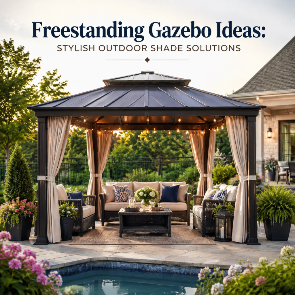 Elegant freestanding gazebo by pool with outdoor seating and soft ambient lighting