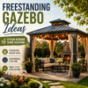 Freestanding gazebo with seating in a stylish backyard outdoor shade area