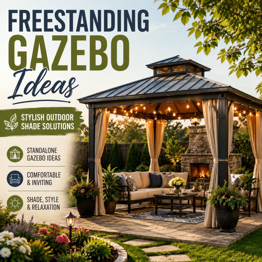 Freestanding gazebo with seating in a stylish backyard outdoor shade area