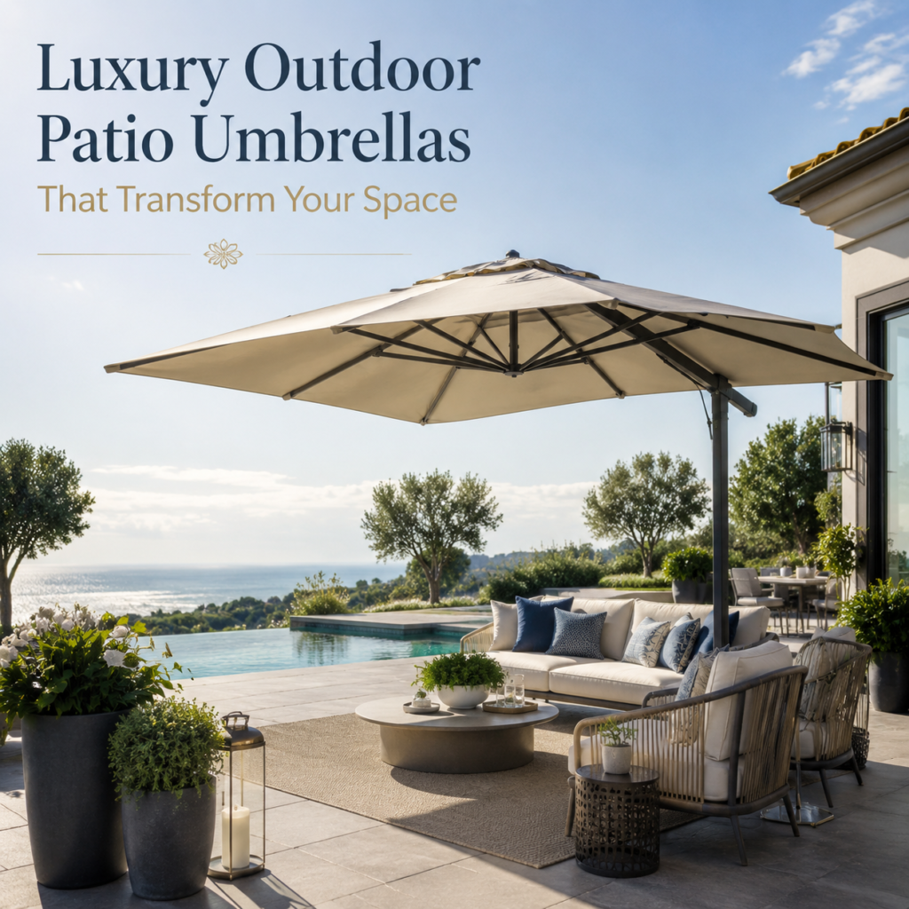 Luxury patio umbrella shading elegant poolside seating in a stylish outdoor lounge area