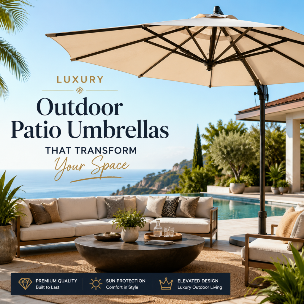 Luxury patio umbrella shading a stylish outdoor seating area with a modern, upscale look