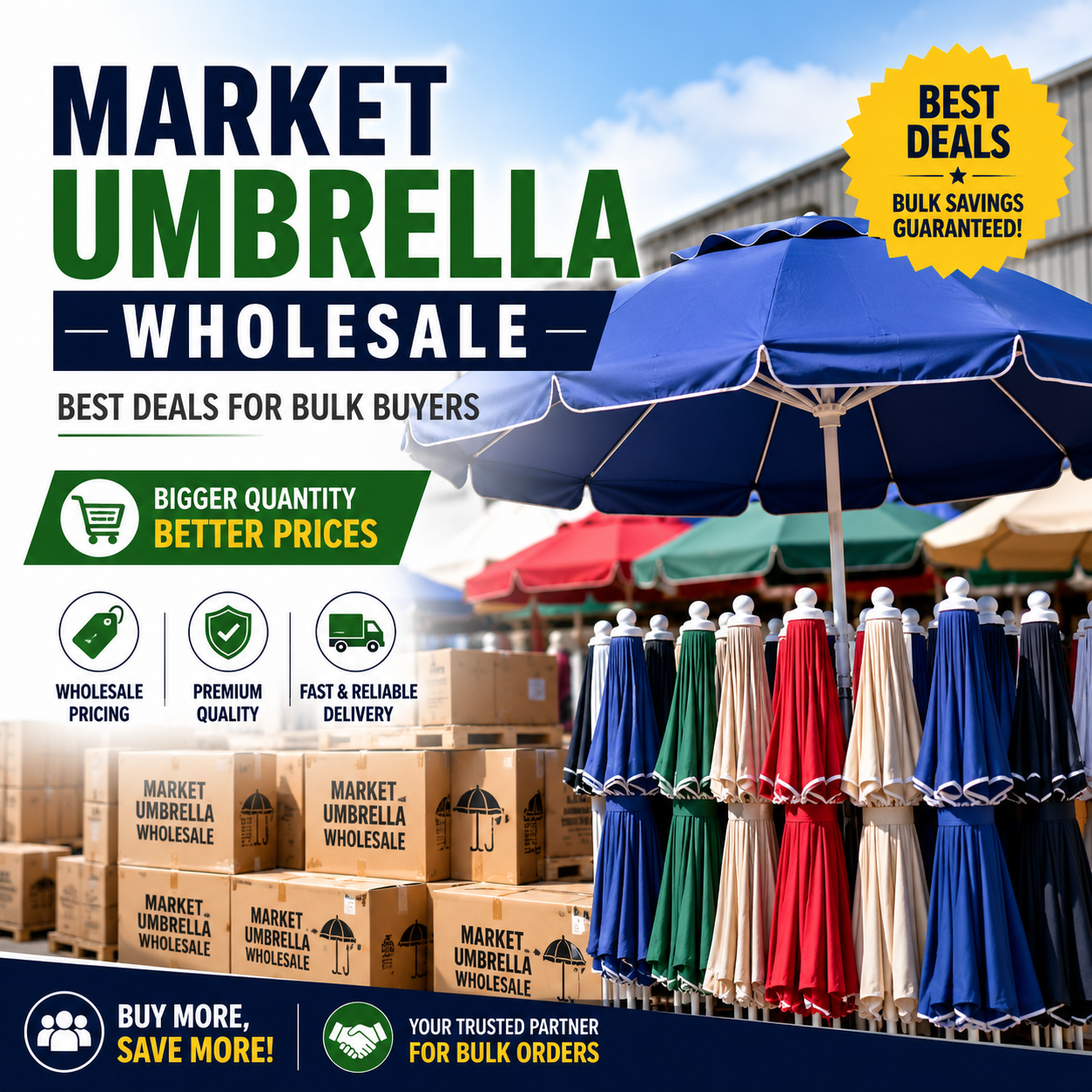 Wholesale market umbrellas in assorted colors displayed for bulk buyers with best deals