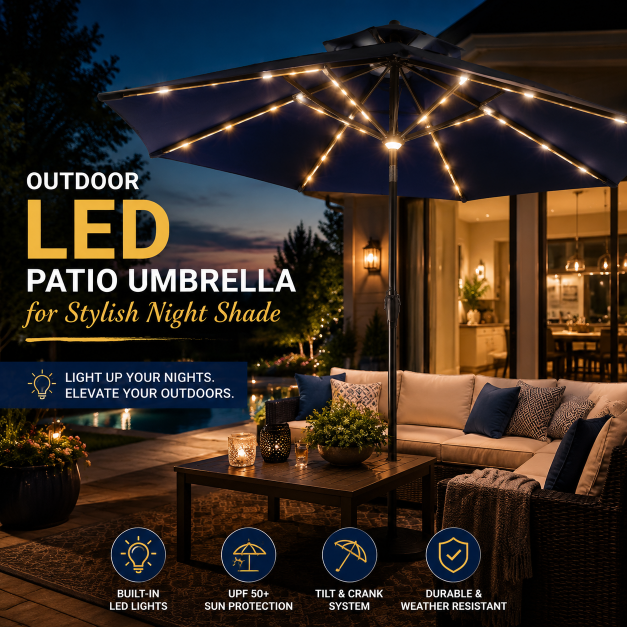 Outdoor LED patio umbrella with built-in lights, tilt crank, and weather-resistant shade at night