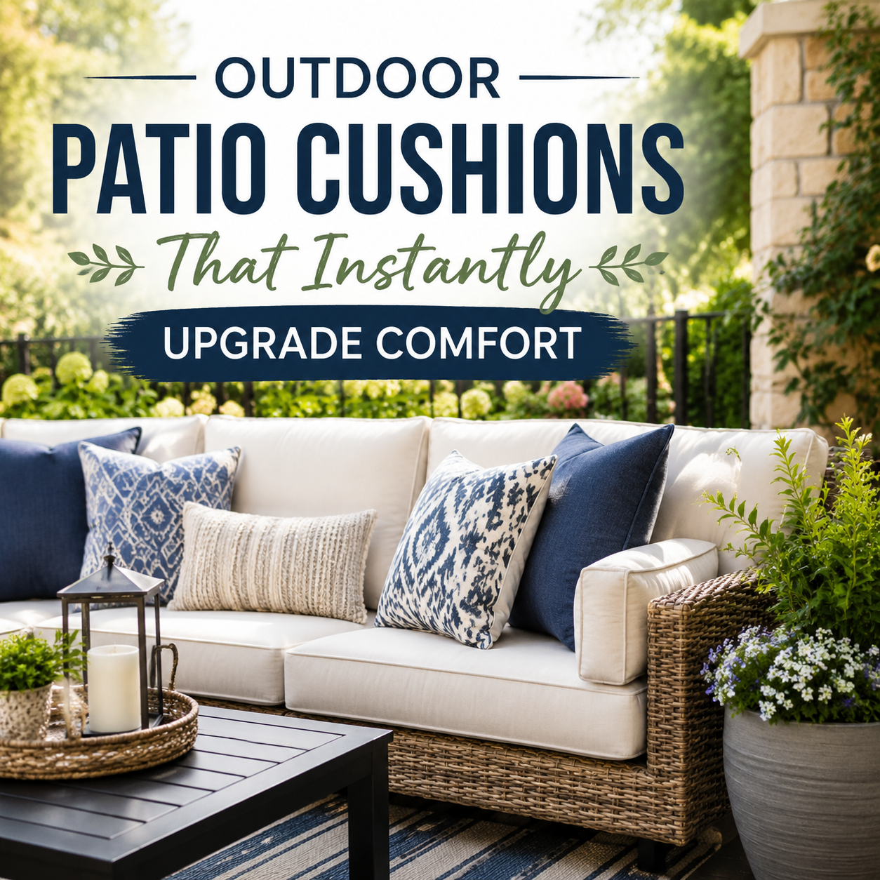 Outdoor patio cushions on a wicker sofa in a garden, adding comfort and style