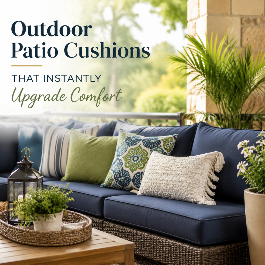 Stylish outdoor patio cushions on a wicker sofa, adding comfort and a polished look to the patio.