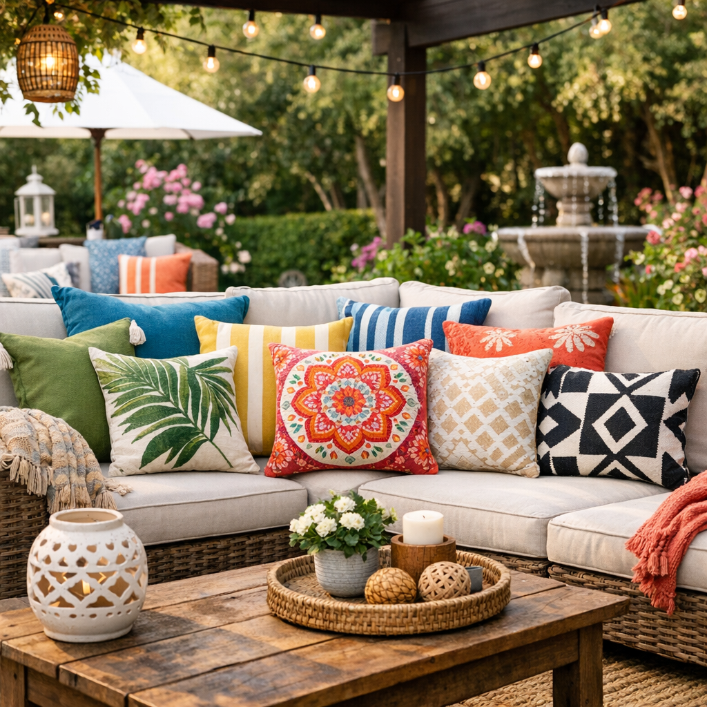 Cozy patio seating with colorful outdoor pillows and warm string lights, creating a welcoming space