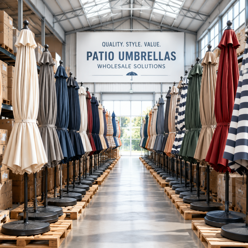 Wholesale patio umbrellas in various colors displayed in a warehouse storage area