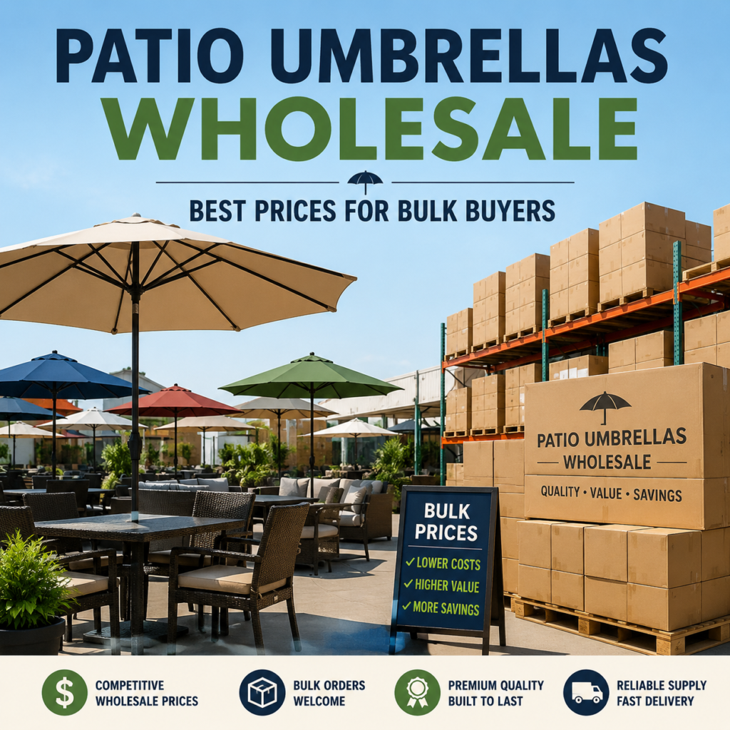Wholesale patio umbrellas displayed with bulk pricing and fast delivery for outdoor furniture buyers
