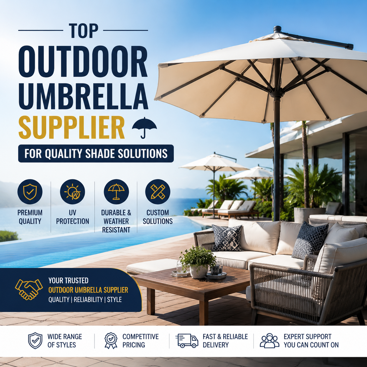 Outdoor umbrellas providing premium UV protection and durable custom shade solutions