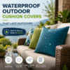 Waterproof outdoor cushion covers on patio chairs, built for UV resistance and easy cleaning