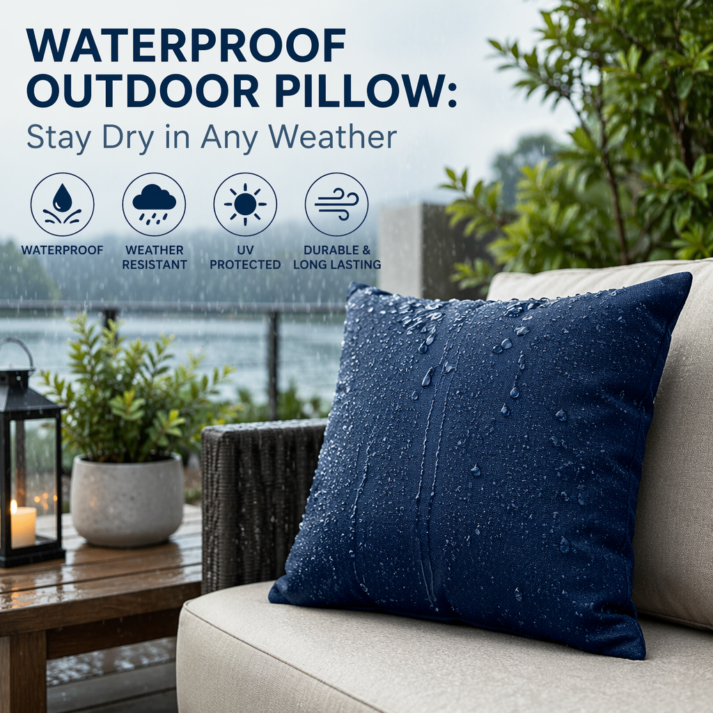 Waterproof outdoor pillow on patio furniture, designed to stay dry in any weather.