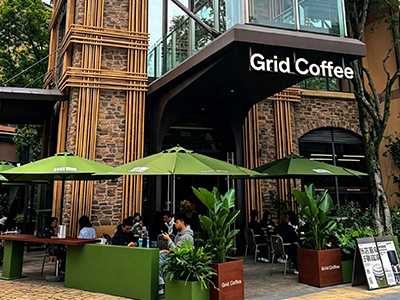Outdoor umbrellas for a cafe patio and sidewalk seating area