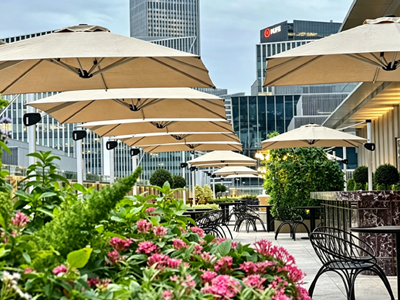 Outdoor shade products for a commercial plaza and terrace