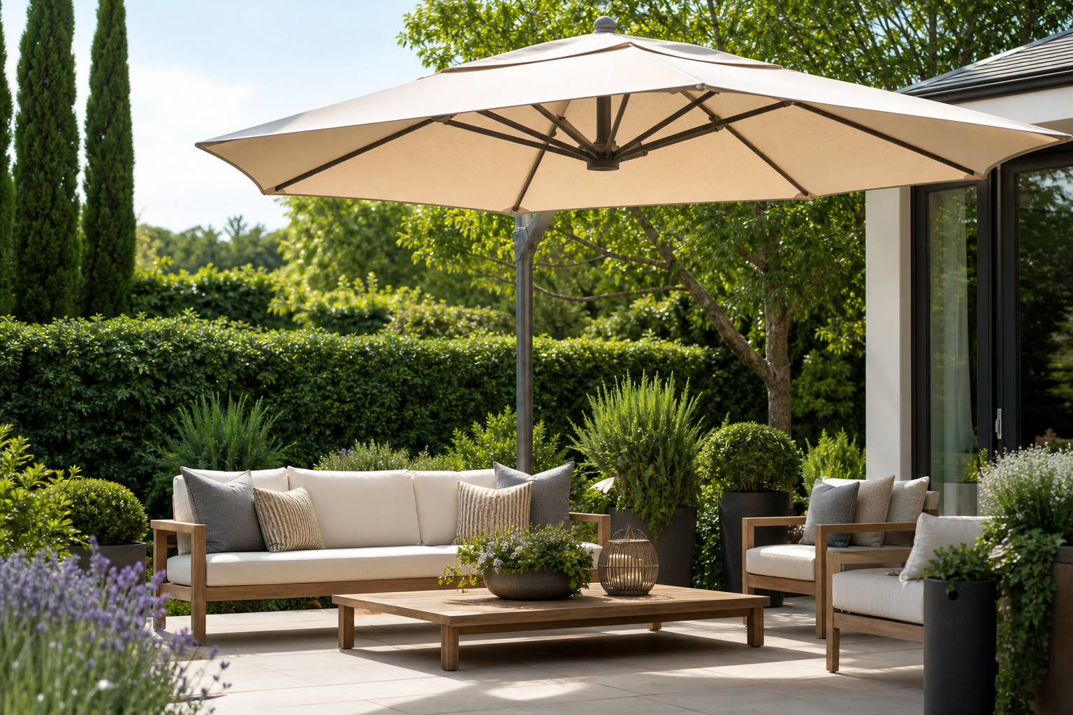 Modern garden patio umbrella shading beige cushioned seating surrounded by lush greenery.
