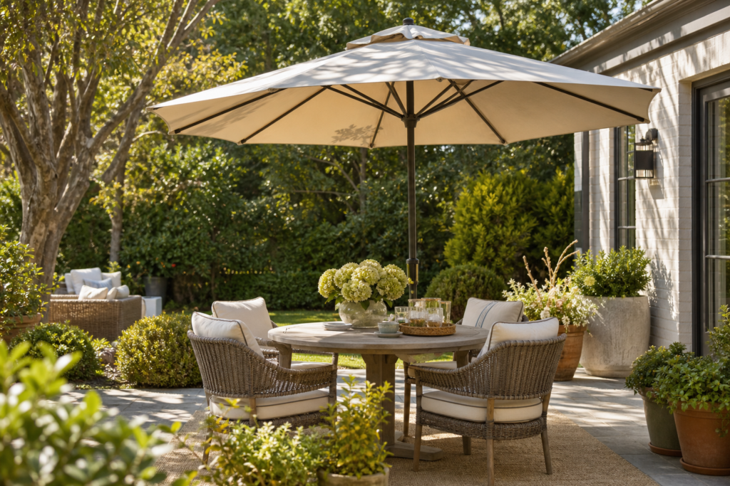 Cozy patio dining area with a large garden patio umbrella, comfortable seating, and lush greenery.