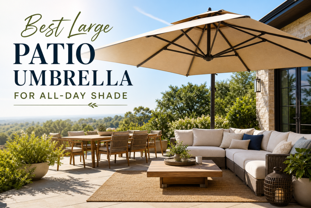 Large patio umbrella providing shade over comfortable outdoor seating and dining areas.