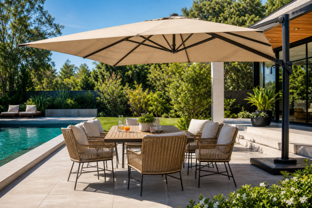 Large patio umbrella shading a modern outdoor dining area beside a swimming pool.