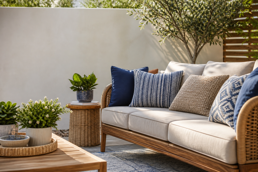 Cozy patio seating with outdoor patio seat cushions, decorative pillows, and potted plants.