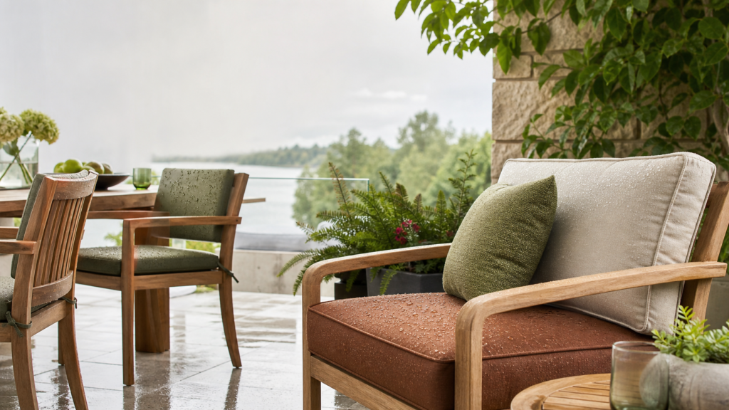 Cozy wooden patio chairs with waterproof outdoor seat cushions surrounded by lush greenery and a scenic view
