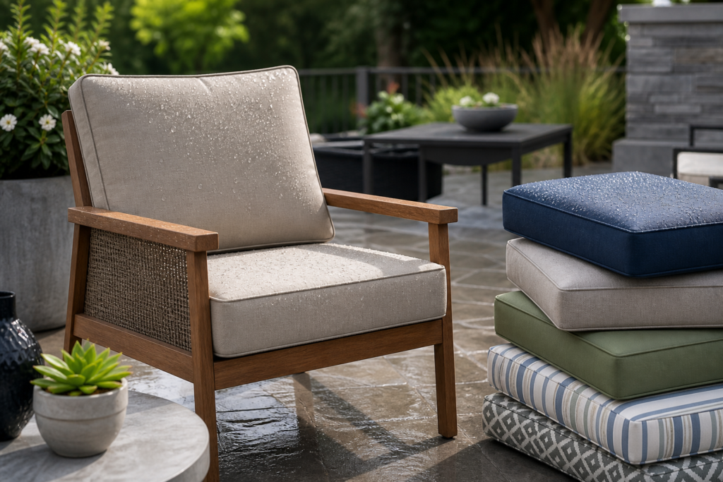 Modern patio chair with waterproof outdoor seat cushion and stacked pillows on a stone patio