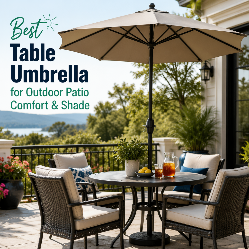Outdoor patio table umbrella providing shade and comfort for backyard seating.