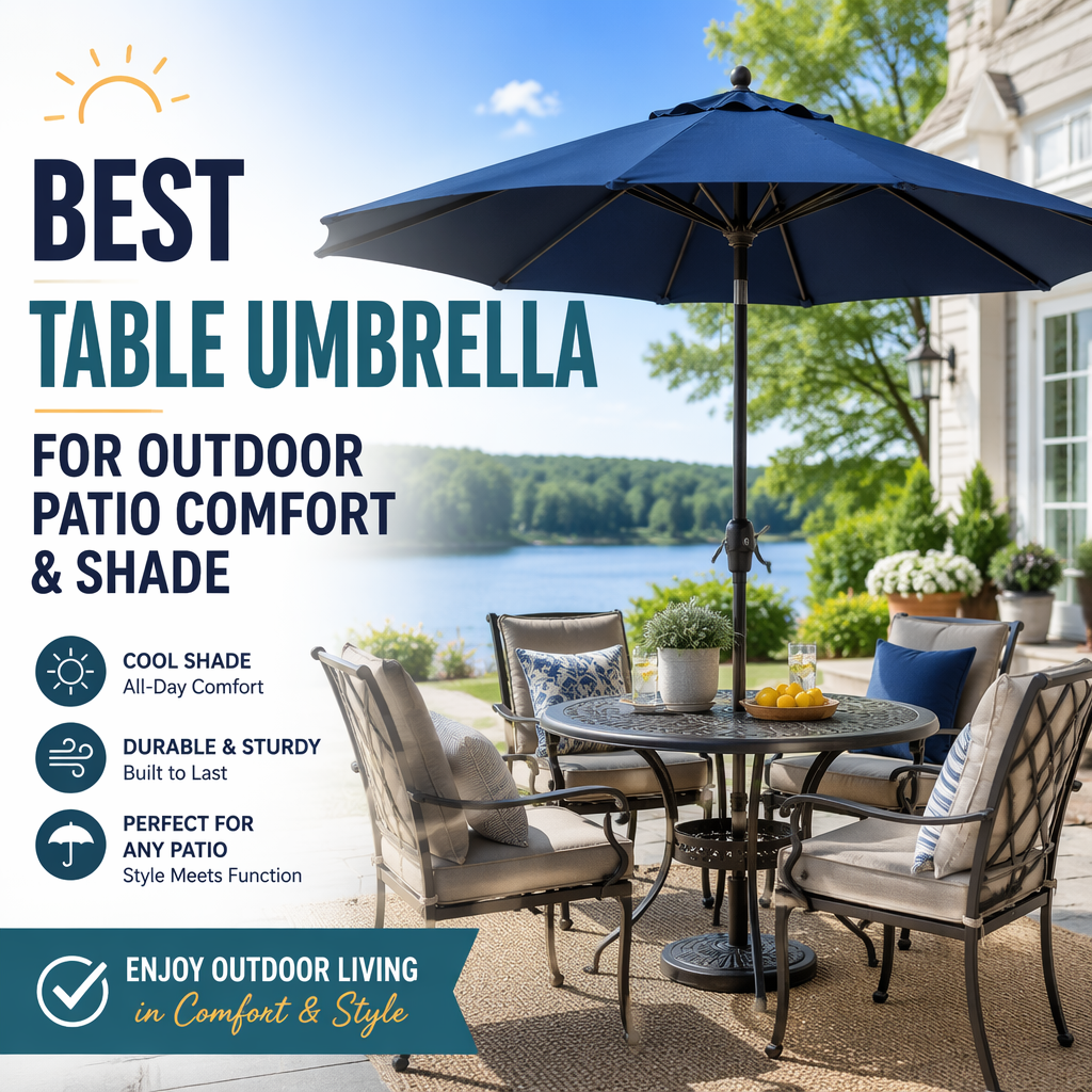 Table umbrella providing shade and comfort over an outdoor patio dining table.