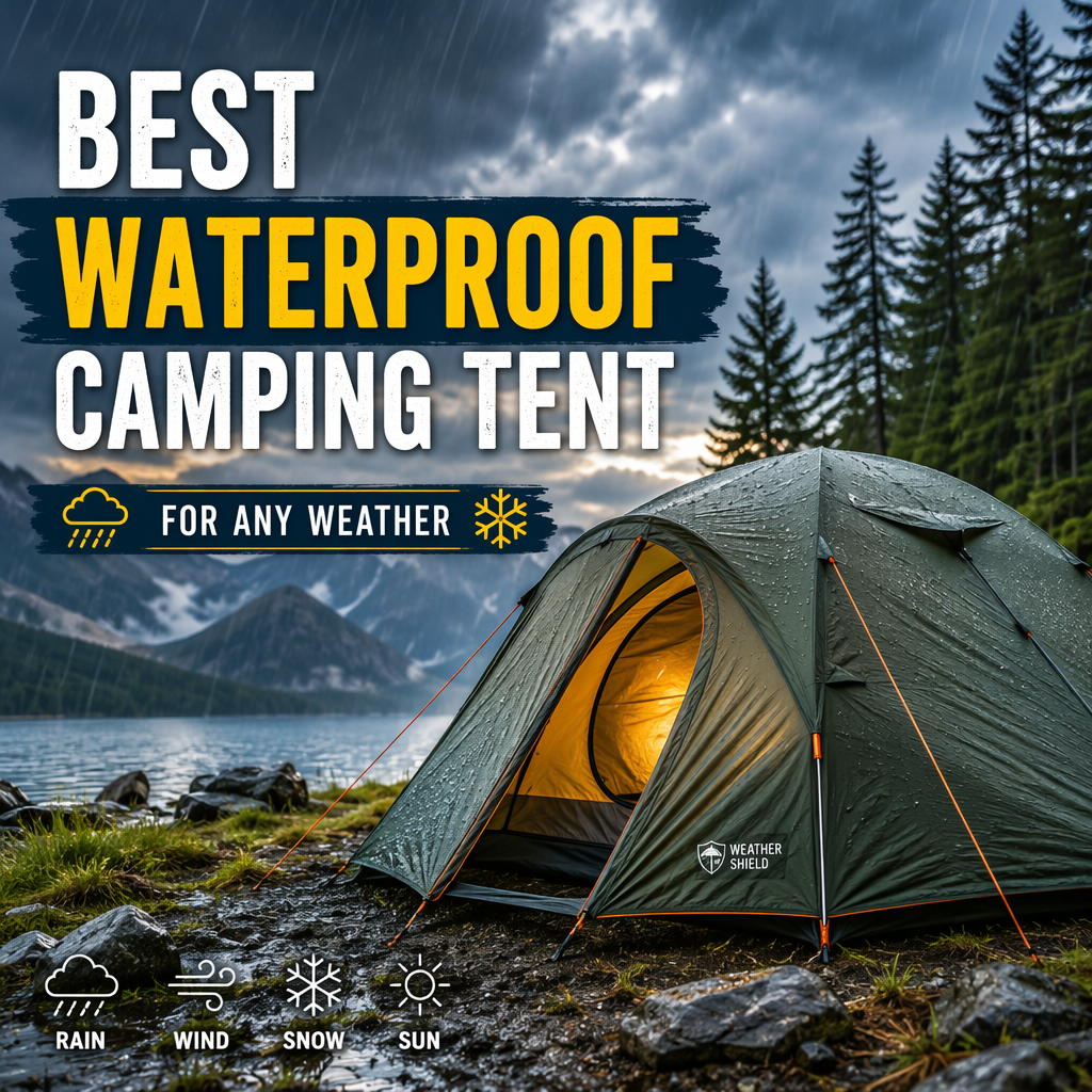 Waterproof camping tent standing strong in rain, wind, snow, and sun‑filled outdoor conditions