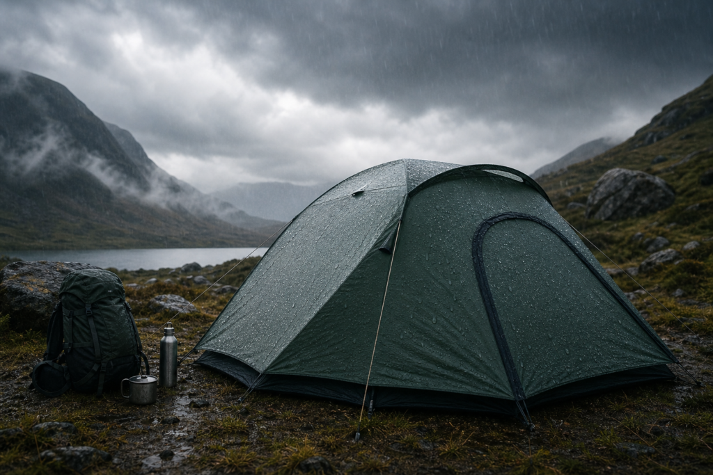 Waterproof camping tent set up in a mountainous landscape during rainy weather
