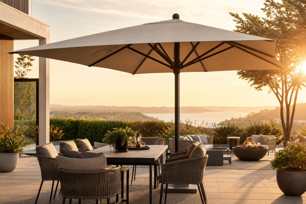 Custom patio umbrella shading a modern outdoor dining area with a scenic sunset view.